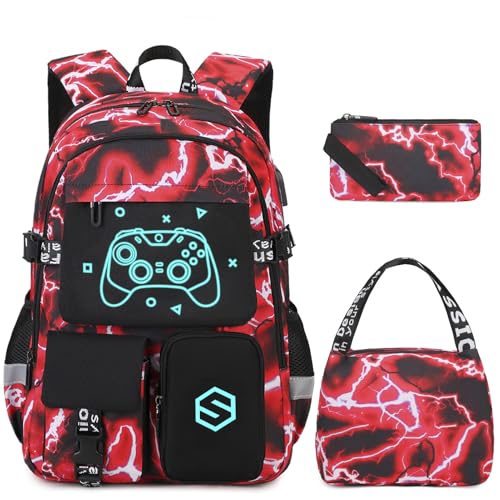 Scothen Boys Backpack, Cool Luminous School Backpacks for Boys with Lunch Bag Pencil Case, Kids Backpack Kindergarten Elementary Middle School Book Bags for Teen Boy Children with USB Charging Port - color: Red Lightning