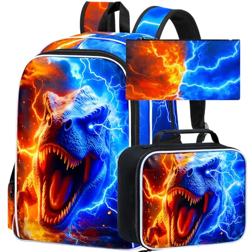AGSDON 3PCS Dinosaur Backpack for Boys, 17" Kids Bookbag with Lunch Box for Boy, Flame Thunder Backpacks Water Resistant and Lightweight for Teen - color: Dinosaur