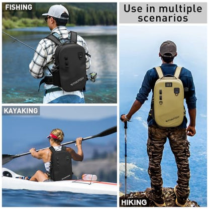 THKFISH IPX8 Waterproof Fishing Backpack with Rod Holder, Lightweight Fishing Sling Bag, Move Freely Fish Gifts for Men - color: Brown