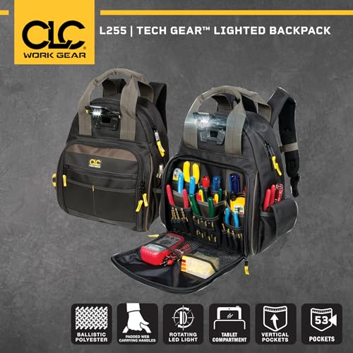 CLC Custom Leathercraft L255 Tech Gear 53 Pocket Lighted Backpack, Black - style: 53 Pocket Tool Backpack