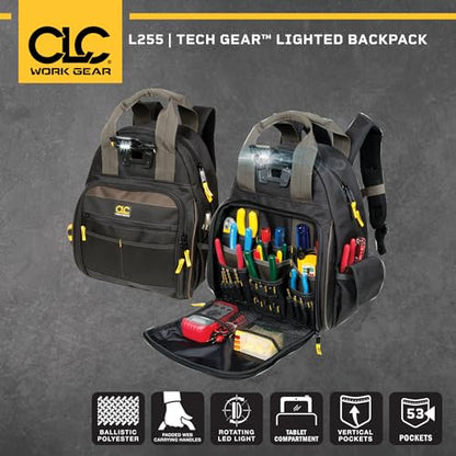 CLC Custom Leathercraft L255 Tech Gear 53 Pocket Lighted Backpack, Black - style: 53 Pocket Tool Backpack