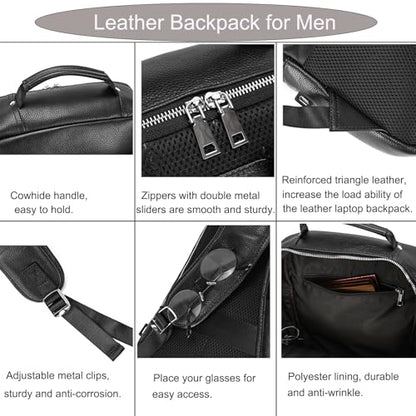 Genuine Leather Backpack Men Casual Daypack 15.6 Inch Laptop Rucksack Business Travel Outdoor Shoulder Bag with Trolley Sleeve (Black) - color: 8028-black