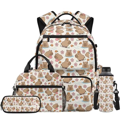 Orange Capybara Backpack for Girls Back to School Backpack with Lunch Box Water Bottle Holder and Pencil Case 4 in 1 Kids Bookbag for Elementary Primary School Backpacks with Handle - color: Capybara Orange Print