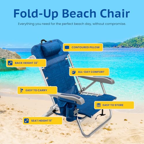 Homevative Cooler+ Folding Backpack Beach Chair with 5 Positions, Towel bar, XL Cooler Pouch, Storage Net, Cup and Phone Holder, Breeze, 2 Pack - color: Breeze