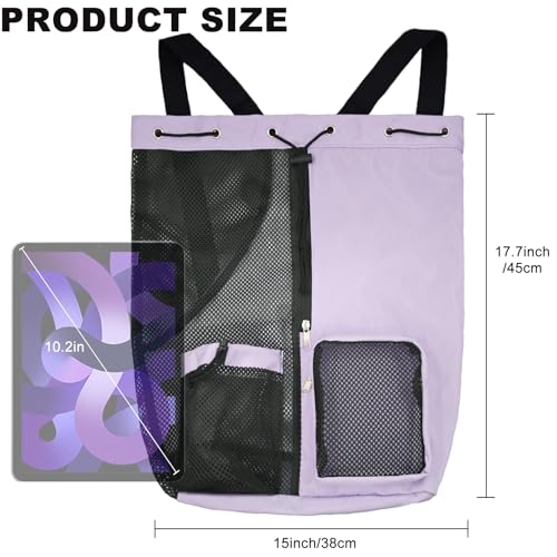 Mesh Beach Backpack with Wet Pocket Drawstring Pool Bag Waterproof Swimming Bag Gym Backpack for Men & Women - color: Purple