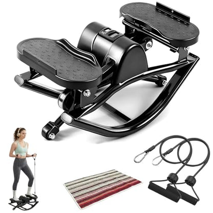 Rocking Stepper for Exercise at Home Portable Lateral Rock Stepper from Side to Side with Resistant Bands and Non-Slip Mat - Black