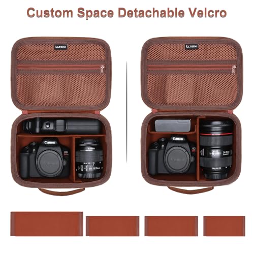 Camera Case Bag Compatible with Canon EOS Rebel T7/R50/R6 Mark II/R100/R50 V/T6/R8/R10/R5 Mark II/RP/R7/5D Mark IV/SL3/R5/T100 DSLR SLR Camera, Len and Tripod with 4 Dividers and Shoulder Strap, Brown - color: Brown, size: Small