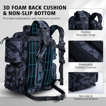 Goture Fishing Backpack, 900D Water-Resistant Tackle Backpack with Rod Holders, 45L Large Fishing Bag Storage Gear Tackle Bag with 8 Lure Pockets, Rain Cover for Camping Hiking(Without Tackle Box) - color: 45L Camo with 8 Lure Pockets