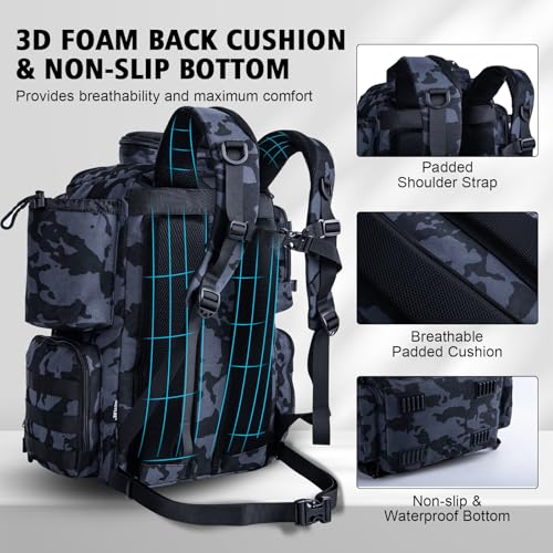 Goture Fishing Backpack,900D Water-Resistant Tackle Backpack with Rod Holders,45L Large Fishing Bag Storage Gear Tackle Bag with Rain Cover,Bottle Holder for Travel Camping Hiking(Without Tackle Box) - color: 45L Camo with Bottle Holder