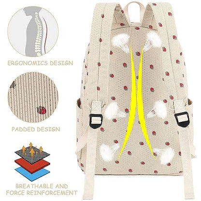 Bluboon School Backpack Set Girls Womens Laptop Bookbag Casual Daypack Fits 15 inch Laptop with Lunch Tote Bag and Pencil Bag - color: Corduroy-strawberry Khaki