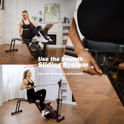 Rowing Machine for Home, 3 in 1 Magnetic Rower with 6-Level Height Adjustable, LCD Monitor & Phone Holder, APP Compatible, Folding Design, 350LBS Weight Capacity for Full-Body Workout