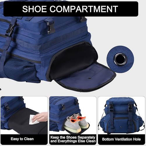 LHI Military Tactical Backpack for Men and Women 45L Army 3 Days Assault Pack Bag Large Rucksack with Shoe Compartment - Black and White - color: 1.21 Shoe Compartment（blue）