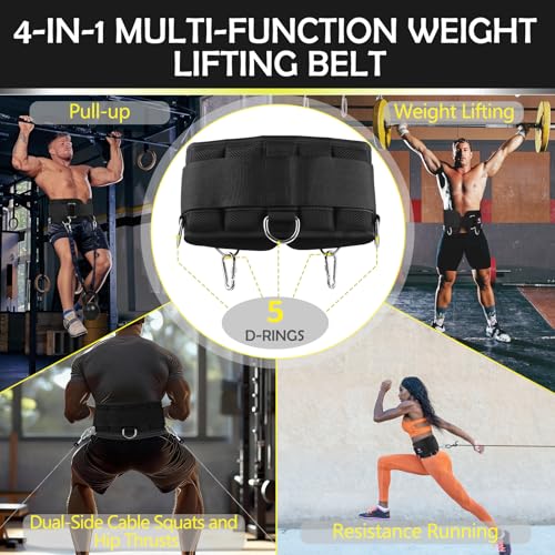 5 D-Rings Weightlifting Belt & Dip Belt with Adjustable 8- Loop 30.7" Nylon Strap, Weighted Gym Belts for Pull Up, Dips,Squat, Powerlifting & Deadlift, Weight Lifting Belt with Structured Back Support