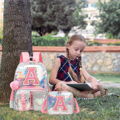 Meetbelify Backpack for Girls Letter Backpacks for Elementary Student Teen Girls Cute School Bag Kids Bookbag for Kids 8-10 - color: Initial a Pink