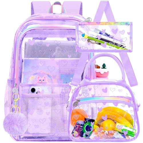 gxtvo 3PCS See Through Backpack Heavy-Duty Set for Women & Teen Girls, 17" Purple Clear Bookbag with Rainbow Strap, Cute Differentiation Love Transparent School Bag - color: Purple Love Clear Backpack Set