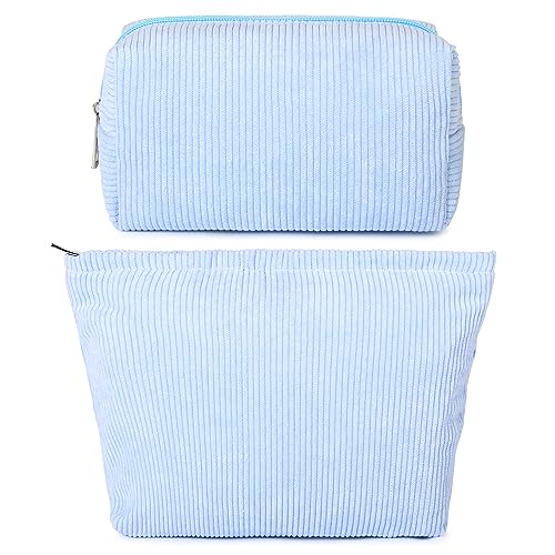 SOIDRAM 2 Pieces Makeup Bag Large Corduroy Cosmetic Bag Capacity Canvas Mix Travel Toiletry Bag Organizer Cute Makeup Brushes Aesthetic Accessories Storage Bag for Women, Corduroy Mix Blue - color: Corduroy Blue