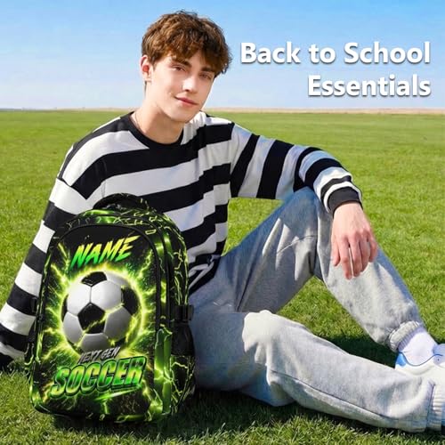 Boys Soccer Backpack with Personalized Name, 17 Inch Kids School Backpacks with 3 Compartments - Custom Sport Bookbag for Elementary Students, Reflective Ergonomic Design with Chest Strap - color: Green