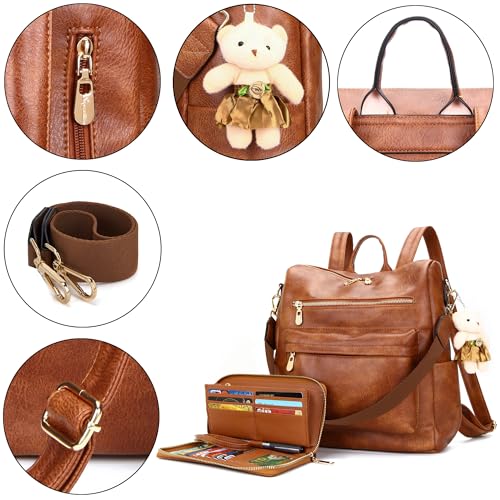 Soperwillton Women Backpack Purse Multipurpose Design Handbags Shoulder Bag PU Leather Travel bag Backpack Set 2pcs - color: Z-brown