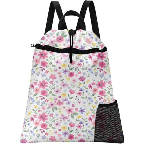 Floral Butterfly Drawstring Backpack, 15” x 17” Waterproof Swim Bag for Beach Swimming Pool, Lightweight Foldable Gym Bag with Water Bottle Holder for Sports Travel - color: Floral