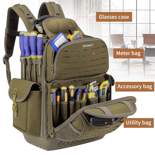 BLISSWILL Tool Bag Backpack for men,Heavy Duty Tool Backpack Bag with Waterproof Molded Base，62 Pockets/40 Loops Heavy Duty Tools Organizer Bags/Electrician/Industrial/Construction Work Backpack - color: Dark Khaki