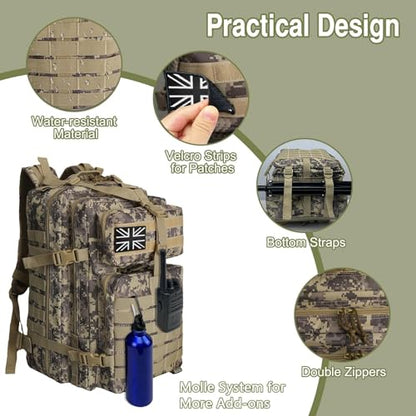 WOLT Military Tactical Backpack for Men 45L Molle Backpack 3 Day Assault Pack Bug Out Bag, Heavy Duty Rucksack for Hiking Gym, Camouflage Khaki - color: Camouflagekhaki