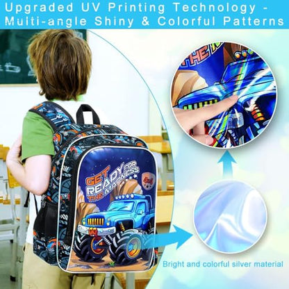 3Pcs Truck Backpack for Boys, 16" Bookbag with Lunch Box, Kids School Backpacks Set for Elementary Preschool Kindergarten (Balck) - color: Truck Blue