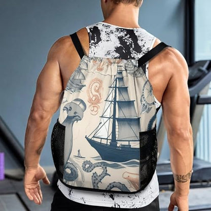 Lighthouse Sailboat Fish Shells Octopus Drawstring Backpack with Wet Pocket - Large Capacity Gym Bag with Shoe Compartment & Mesh Pockets, Adjustable Lightweight Gym Backpack for Swimming, Travel, Wor