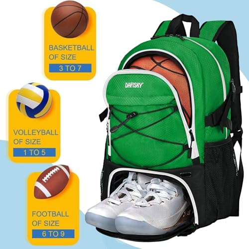 DAFISKY Basketball Backpack Sports Bag | Basketball Bag with Shoe Compartment and Ball Holder, 30L Large gym bag for boys girls - color: Green