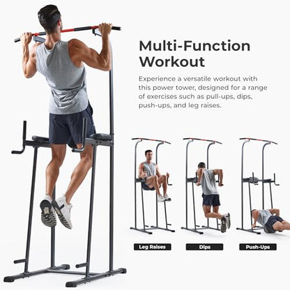Sunny Health & Fitness Power Tower Dip Station & Pull-Up Bar, Multi-Function Strength Training Equipment with Captain’s Chair, Push-Up Bars & Core Workout for Home Gym