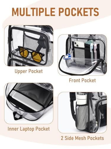 Clear Backpack Heavy Duty for Women Men Boys Girls, Large Clear Bookbag See Through Backpack for School College - color: 5#black+pouch-no Reflective Strips
