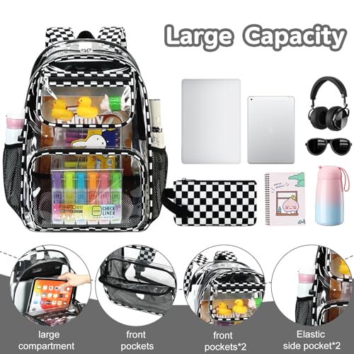 Bluboon Clear Backpack Heavy Duty Kids Boys Clear Bookbag See Through Backpacks with Pencil Case for College Work - color: Transparent Black White Checked