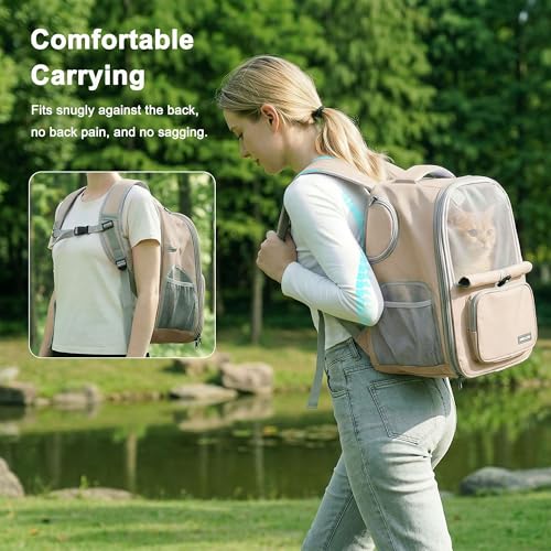 Cat Backpack Carrier Expandable,Pet Travel Backpack for Cats and Small Dogs, 1200D Waterproof Ventilated Mesh with Lockable Zippers, Foldable for Hiking Camping Vet, Up to 18 Lbs(Khaki) - color: Khaki