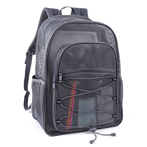 COVAX Heavy Duty Mesh Backpack, Semi-transparent Mesh Bookbag,See Through College Backpack with Bungee and Comfort Padded Straps for Commuting, Swimming, Beach, Outdoor Sports (Grey) - color: Grey