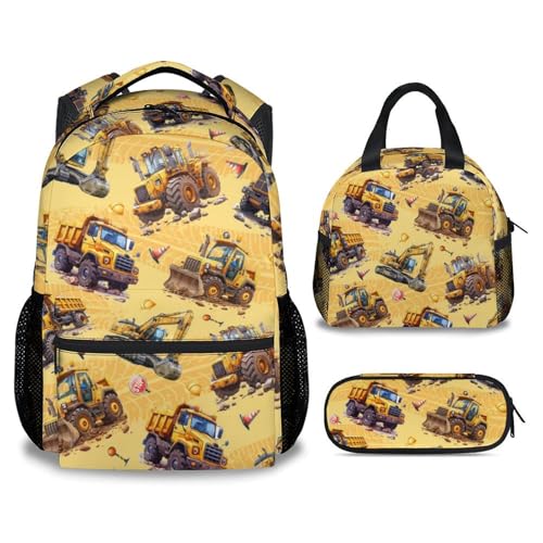 Backpack for Boys - Construction Backpacks Set for Boys - 3Pcs Toddler Bookbag with Lunch Box and Pencil Case - Truck School Bag for Kindergarten/Preschool/Elementary (17 Inch) - color: Orange