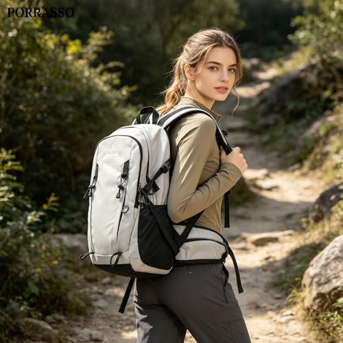 30L Hiking Backpack with Hydration Compartment Water Resistant Outdoor Daypack with Breathable Back System Rucksack for Camping Travel Daily Use Light Grey - color: Light Grey