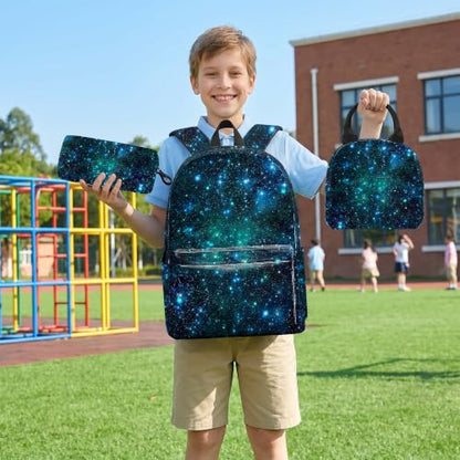 3PCS Boys Galaxy Backpack, Bookbag for Kids Boys with Lunch Box, 17 Inch Galaxy Teens Back to School Bag Set, Laptop Backpack for Mens School/Daypack - color: Galaxy
