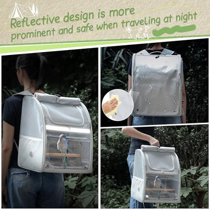 Sanmoncare Bird Carrier Backpack with 2 Adjustable Perches, Water-Repellent Parrot Travel Cage with Stainless Steel Tray, Breathable Pet Carrier for Cockatiels, Conures and Vet Visits - color: Grey