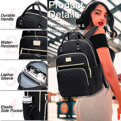 Weitars Lunch Backpack for Women,15.6 Inch Laptop Backpacks Travel Backpack for Women,Work Back pack,Teacher Nurse Back pack Insulated Lunchbox Backpacks - color: Black