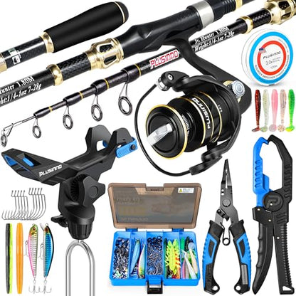 PLUSINNO Fishing Gear,Full Fishing Pole kit Include Fishing Rod and Reel Combo, Tackle Box with Fishing Lures, Fishing Accessories, Fishing Pliers,Fishing Gifts for Men with Fishing Tool Kit - style: Blue Fishing Combo With Bank Fishing Rod Holder
