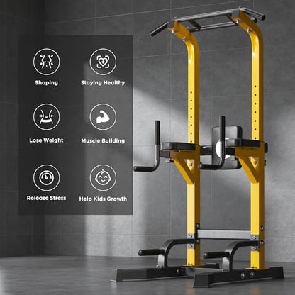 DlandHome Power Tower Pull Up Bar Station, Heavy Duty Pull Up Dip Station Adjustable Height for Home Gym Strength Training Equipment, 330LBS Weight Capacity - color: Yellow