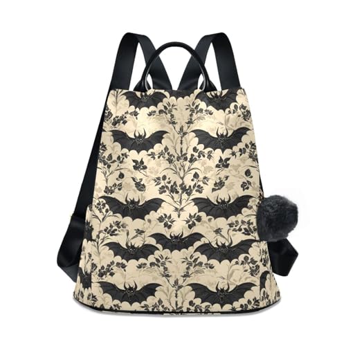 MNSRUU Goth Backpack Womens, Anti-Theft Womens Backpack Travel Handbags Shoulder Bag Bats and Flowers Vintage Carry On Ladies Rucksack Fashion Casual Daypack, Hairball Pendant - color: Bat I13854