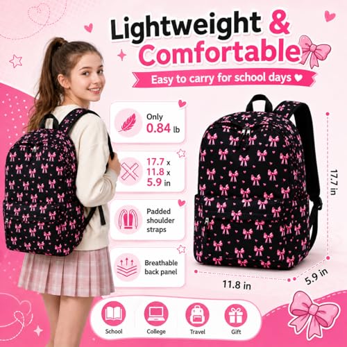LOIDOU Girls Backpack for Kids Cute School Bookbag - color: Bow Black 215, size: L-17"