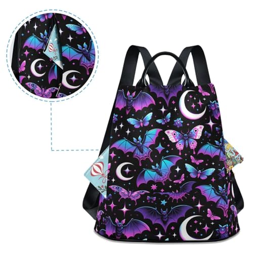 MNSRUU Women Backpack Purse Neon Purple and Bats Stars and Moons Backpack for Women Anti-theft Shoulder Bag Carry On Backpack Lightweight Rucksack Fashion Travel Ladies Bags - color: Bats A8889