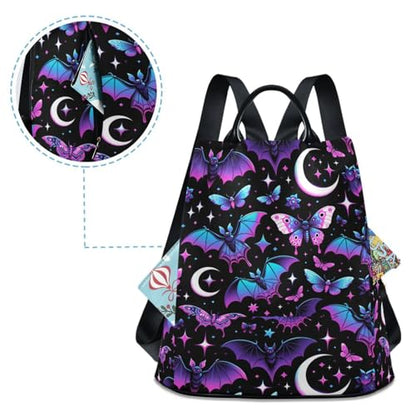 MNSRUU Women Backpack Purse Neon Purple and Bats Stars and Moons Backpack for Women Anti-theft Shoulder Bag Carry On Backpack Lightweight Rucksack Fashion Travel Ladies Bags - color: Bats A8889