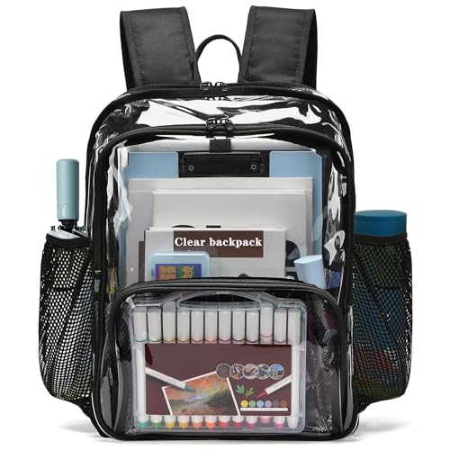 Clear Backpack,15'' Clear Backpacks for School Heavy Duty See Through Bookbag Multi-pocket PVC Backpack for Men Women - color: Black, size: Large-15.5in