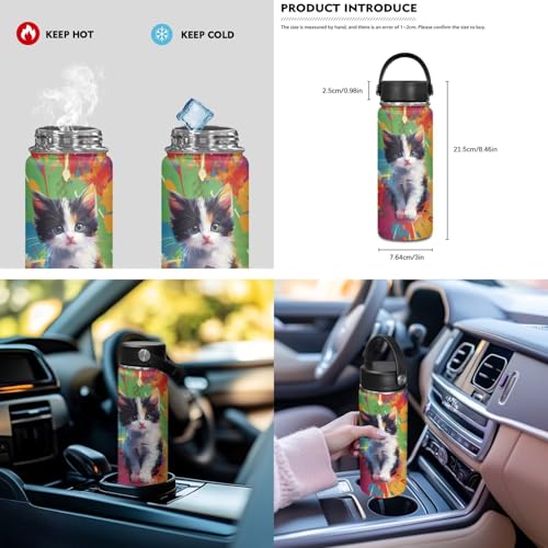 ZOUTAIRONG School Bags and Small Thermos, Colorful Inkjet Cat Design Large Capacity Fashion Casual Backpack with Side Pockets for Mini Water Bottle - color: Colorful Inkjet Cat