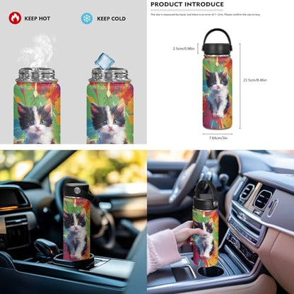 ZOUTAIRONG School Bags and Small Thermos, Colorful Inkjet Cat Design Large Capacity Fashion Casual Backpack with Side Pockets for Mini Water Bottle - color: Colorful Inkjet Cat