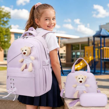 ACESAK School Backpack for Girls - 3 PCS Cute Girls Backpack with Lunch Box & Pencil Case - Kawaii Casual Kids Bookbag School Bag Daypacks Set for Elementary Middle High School Student Teens (Purple) - color: Purple