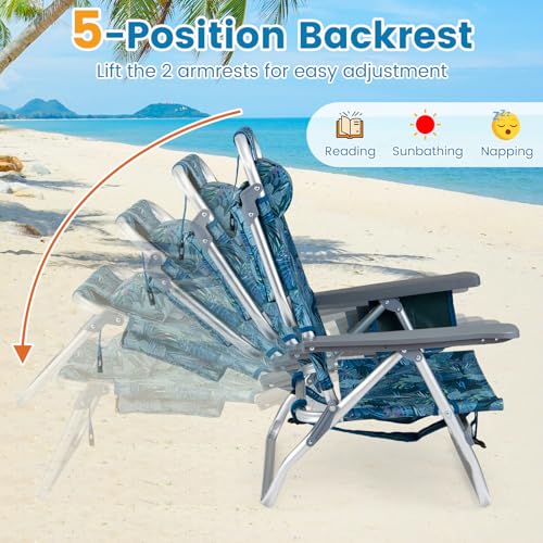 COSTWAY Portable Folding Backpack Beach Chairs Set of 2 with 5-Position Backrest, Padded Headrest, Cup Holder & Ice Bag for Lawn, Poolside (Tropical Leaf) - color: Tropical Leaf