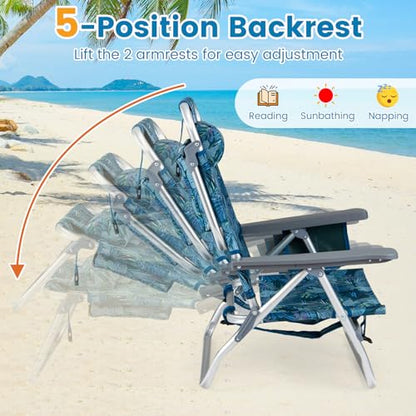 COSTWAY Portable Folding Backpack Beach Chairs Set of 2 with 5-Position Backrest, Padded Headrest, Cup Holder & Ice Bag for Lawn, Poolside (Tropical Leaf) - color: Tropical Leaf